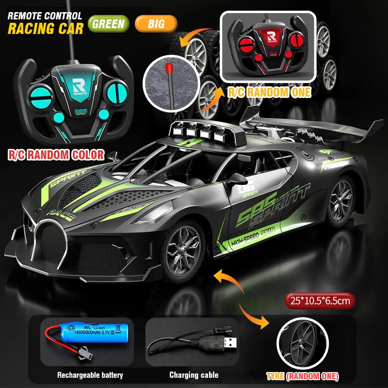 A black and green remote control racing car with accessories including a battery, charging cable, and tire.