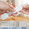 Hands demonstrate an adhesive baby safety lock for cabinets and drawers, showing its strip adjustability and touch latch feat