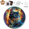 A colorful, cat-shaped wooden jigsaw puzzle featuring vibrant colors and textures.