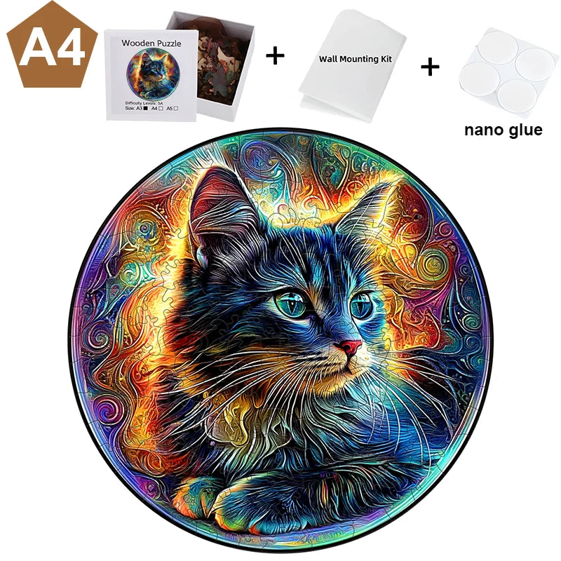 A colorful, cat-shaped wooden jigsaw puzzle featuring vibrant colors and textures.