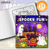 A colorful coloring book featuring spooky and cute Halloween characters like cats and ghosts.