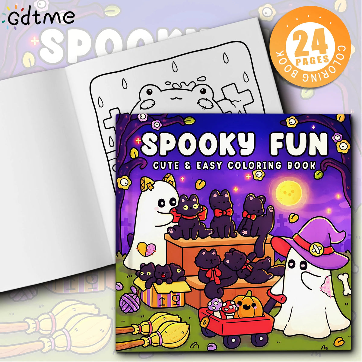 A colorful coloring book featuring spooky and cute Halloween characters like cats and ghosts.