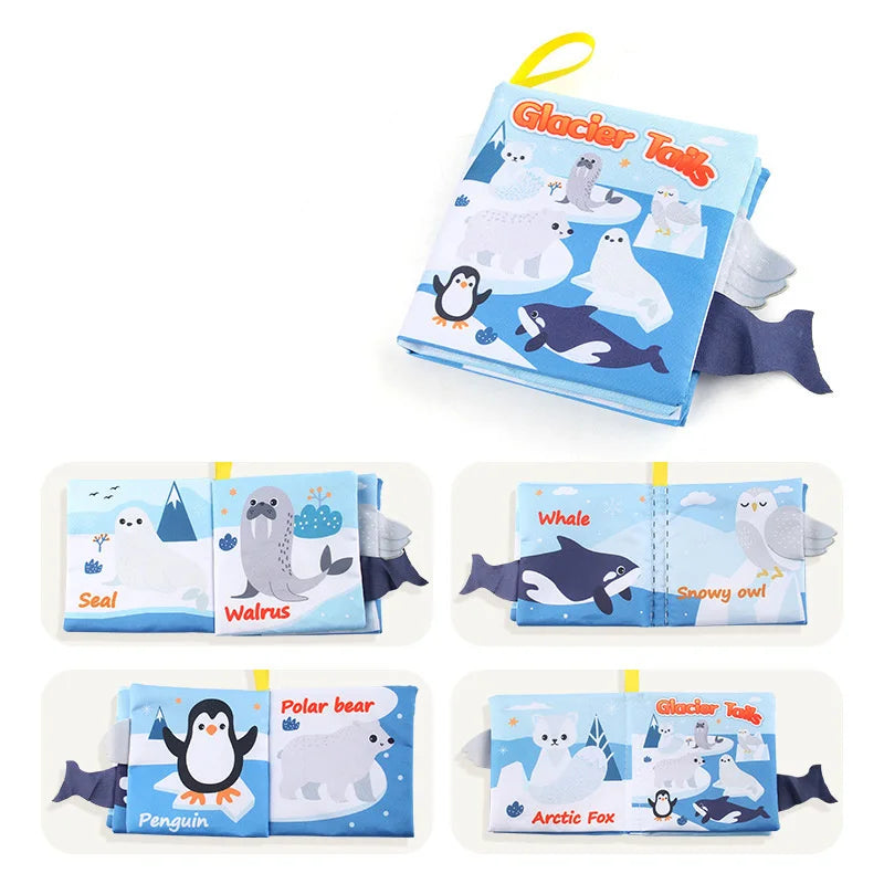 A collection of soft fabric baby books featuring animals like seals walruses penguins polar bears and arctic foxes.