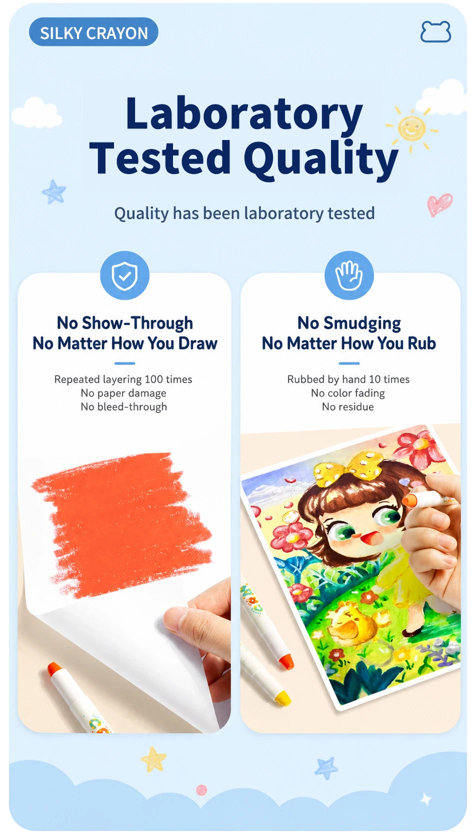 A set of silky crayon colors demonstrating laboratory tested quality with various drawing examples.