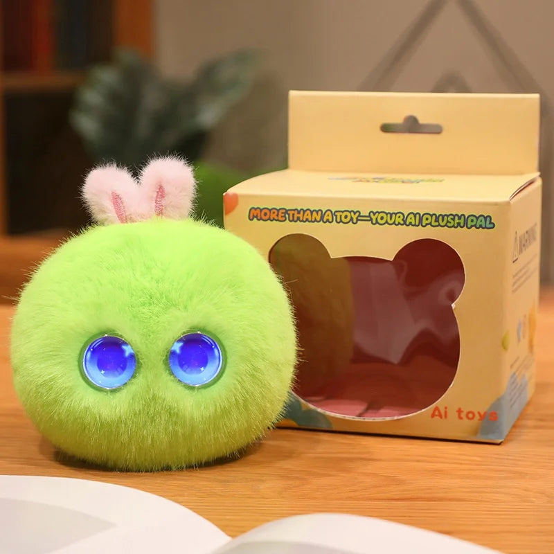 A bright lime green plush rabbit pendant with pink ears is displayed next to its cardboard packaging.