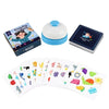 A set of Crazy Flip Card Game components including a blue lid and multiple cards featuring animals for a memory matching game