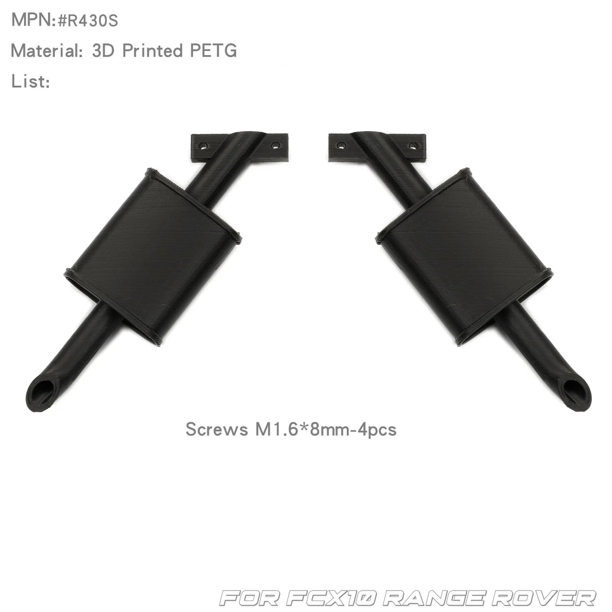 Black TPU mud flaps, fuel tank, and exhaust mufflers for an FCX10 Range Rover RC car upgrade kit.