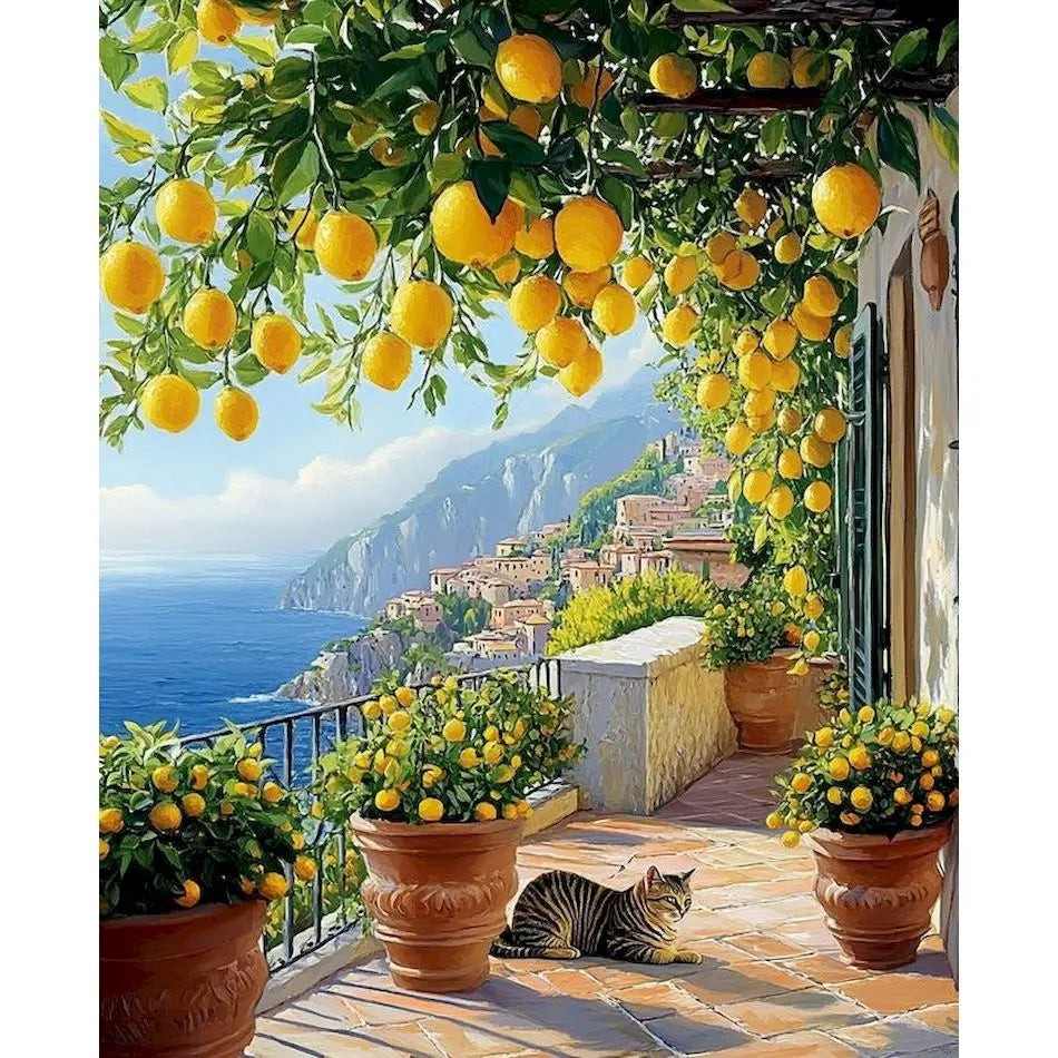 A vibrant painting kit featuring a lemon tree on canvas, set against a lush green and yellow outdoor scene.