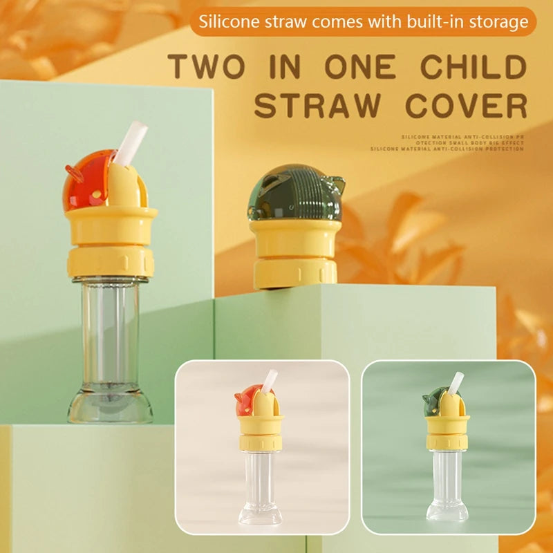 Two in one child straw cover featuring silicone material for anti-collision protection on a bottle