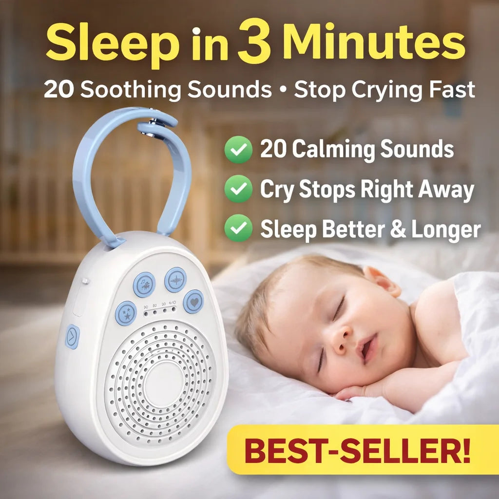 A white portable soothing sound machine for babies is shown next to a sleeping infant.