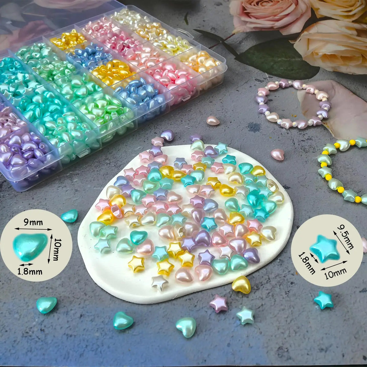 A collection of iridescent frosted golden foil acrylic beads in various shades and shapes displayed on a white oval dish.