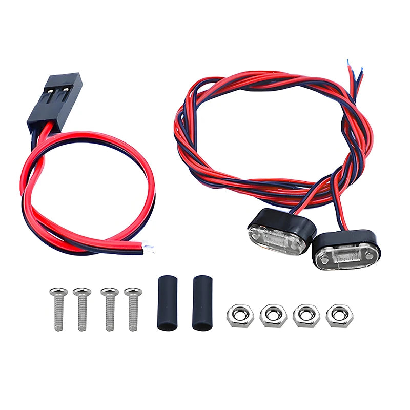A set of 1:14 scale LED warning lights for RC trucks including wires, light assemblies, and mounting hardware.