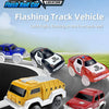 A set of flashing track vehicles including a blue car, a black police truck, a red police jeep, and a yellow truck.
