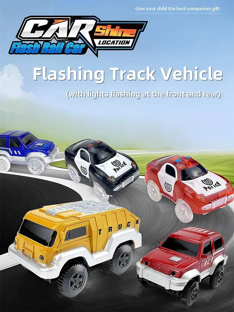 A set of flashing track vehicles including a blue car, a black police truck, a red police jeep, and a yellow truck.