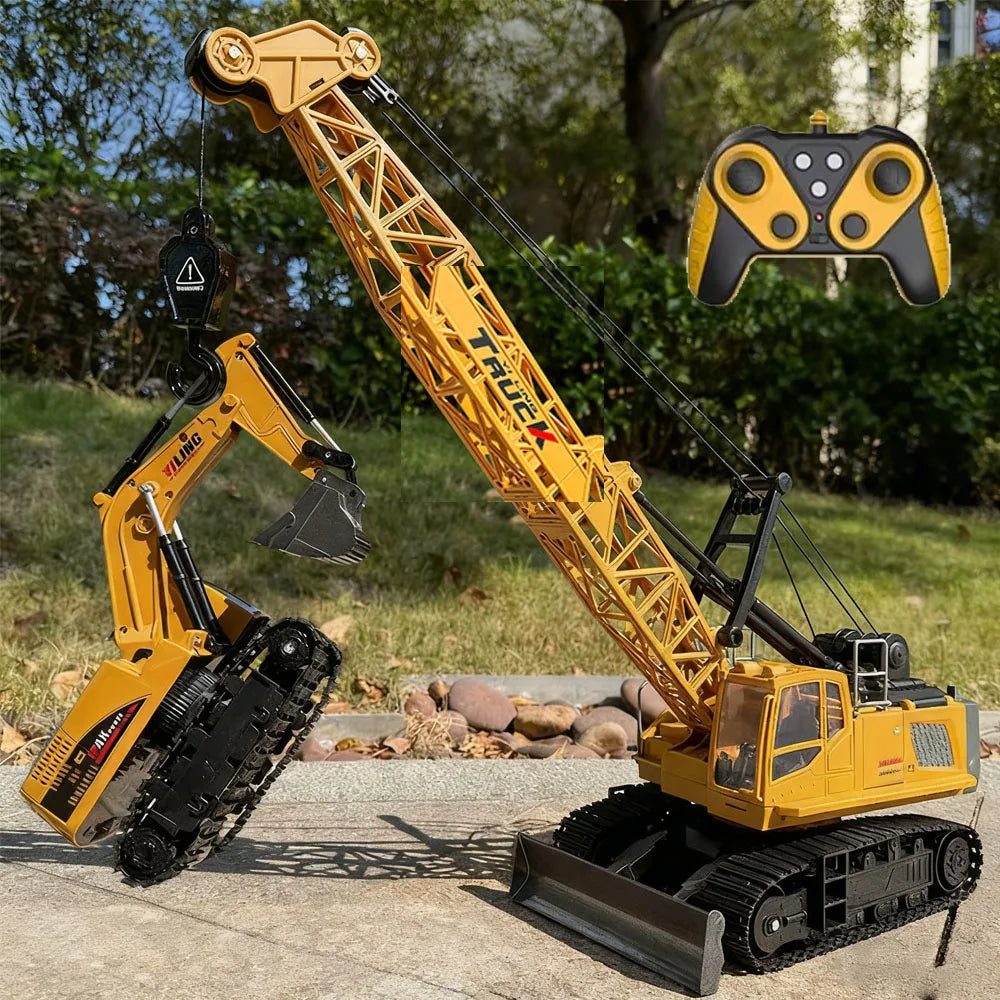 A yellow remote control construction excavator truck is shown operating on a concrete surface.