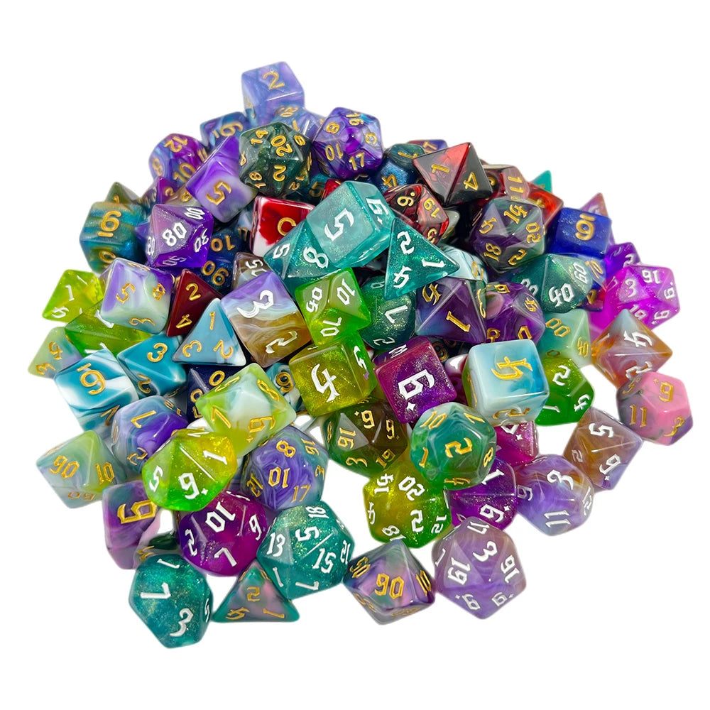 A pile of colorful polyhedral dice used for tabletop role-playing games