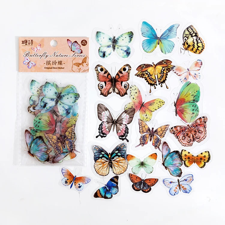 A collection of colorful butterfly stickers in a clear plastic sheet for scrapbooking and journaling
