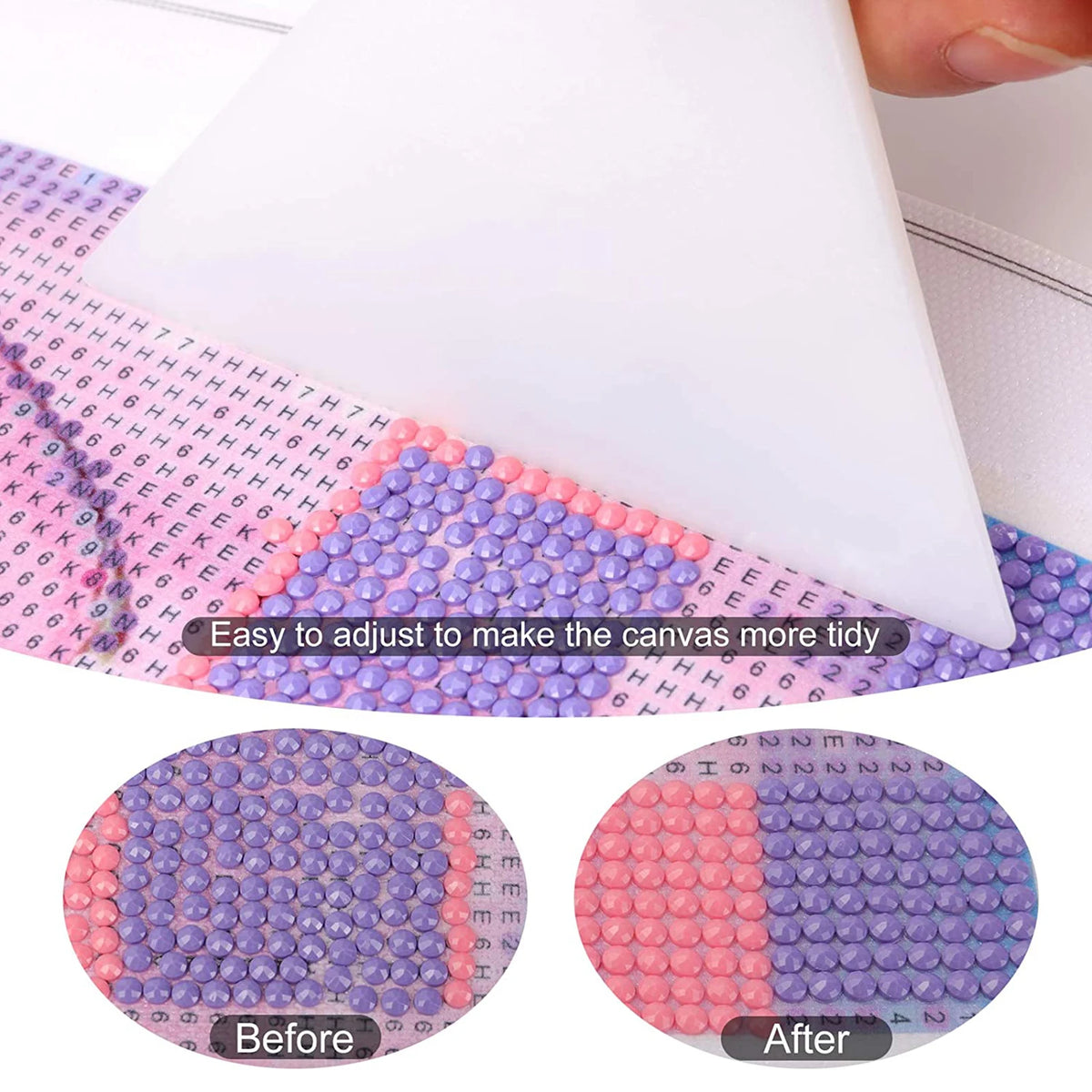 Diamond painting canvas before and after showing a tidy result