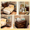 A miniature dollhouse kit featuring a sweet dream bedroom with LED lighting and wooden furniture.