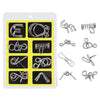 A white plastic case holding various metal wire puzzle pieces for a brain teaser or IQ challenge.