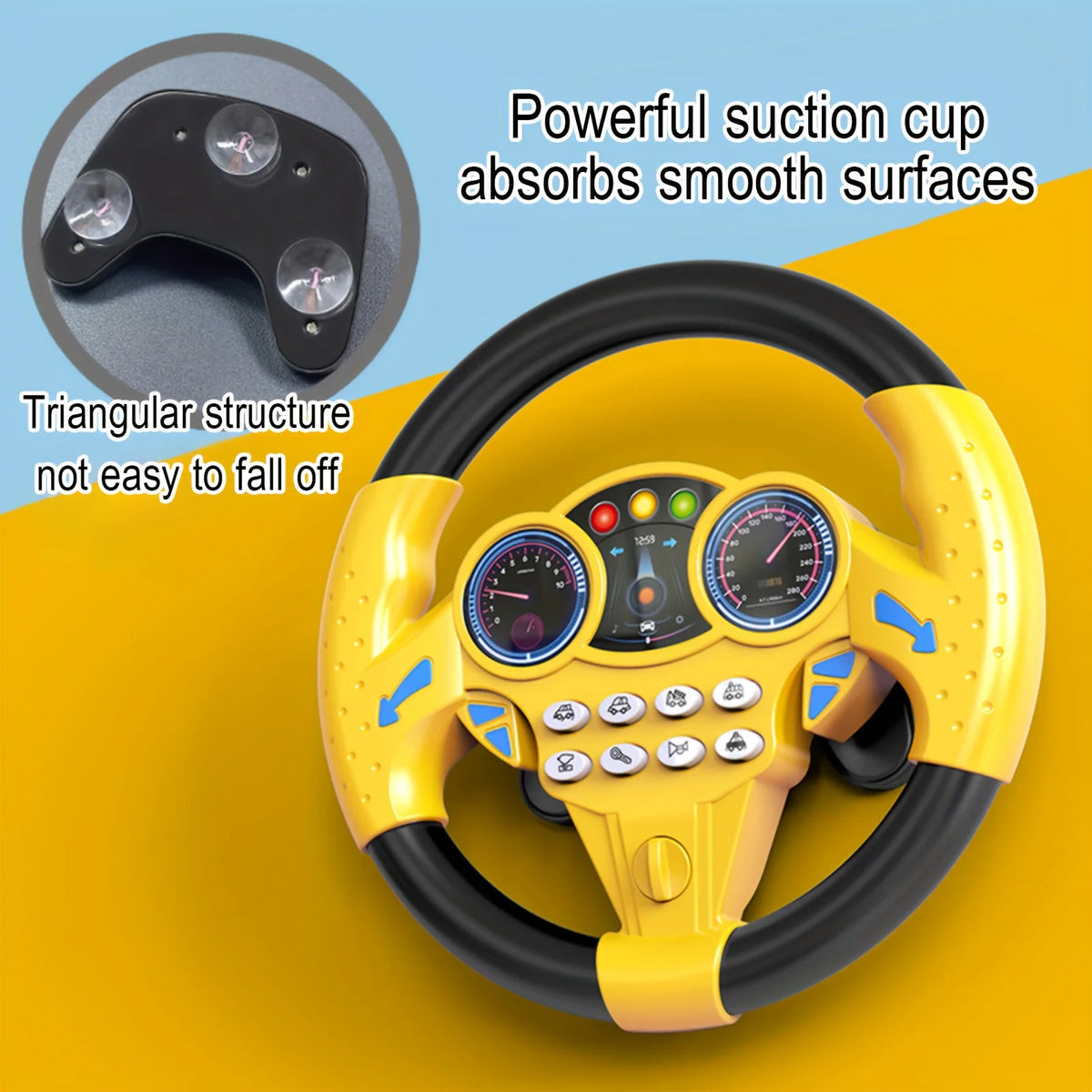 A yellow interactive steering wheel toy with buttons and a black grip, shown against a yellow background.