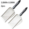 Two metal beach sand scoops with black handles are shown against a white background.