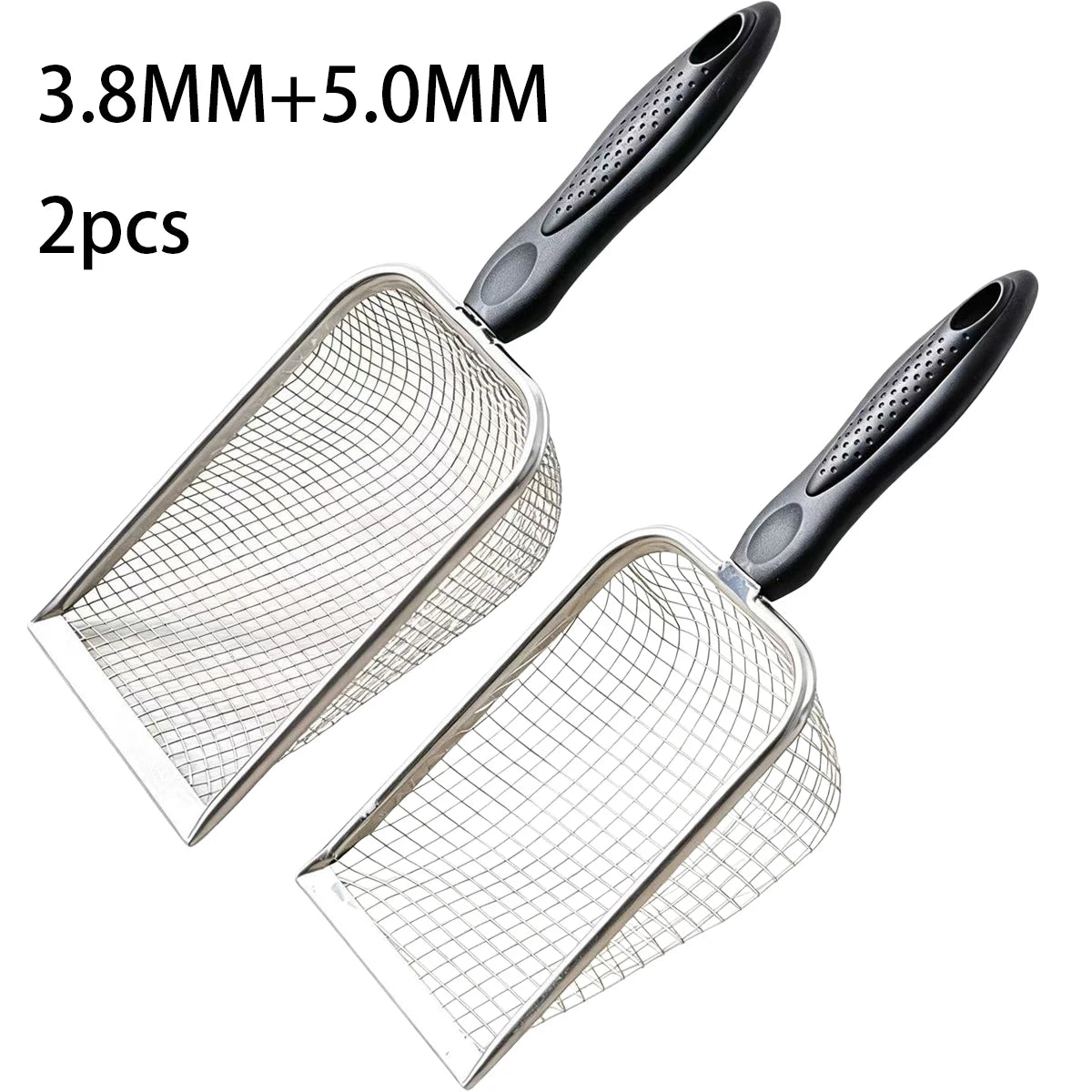 Two metal beach sand scoops with black handles are shown against a white background.