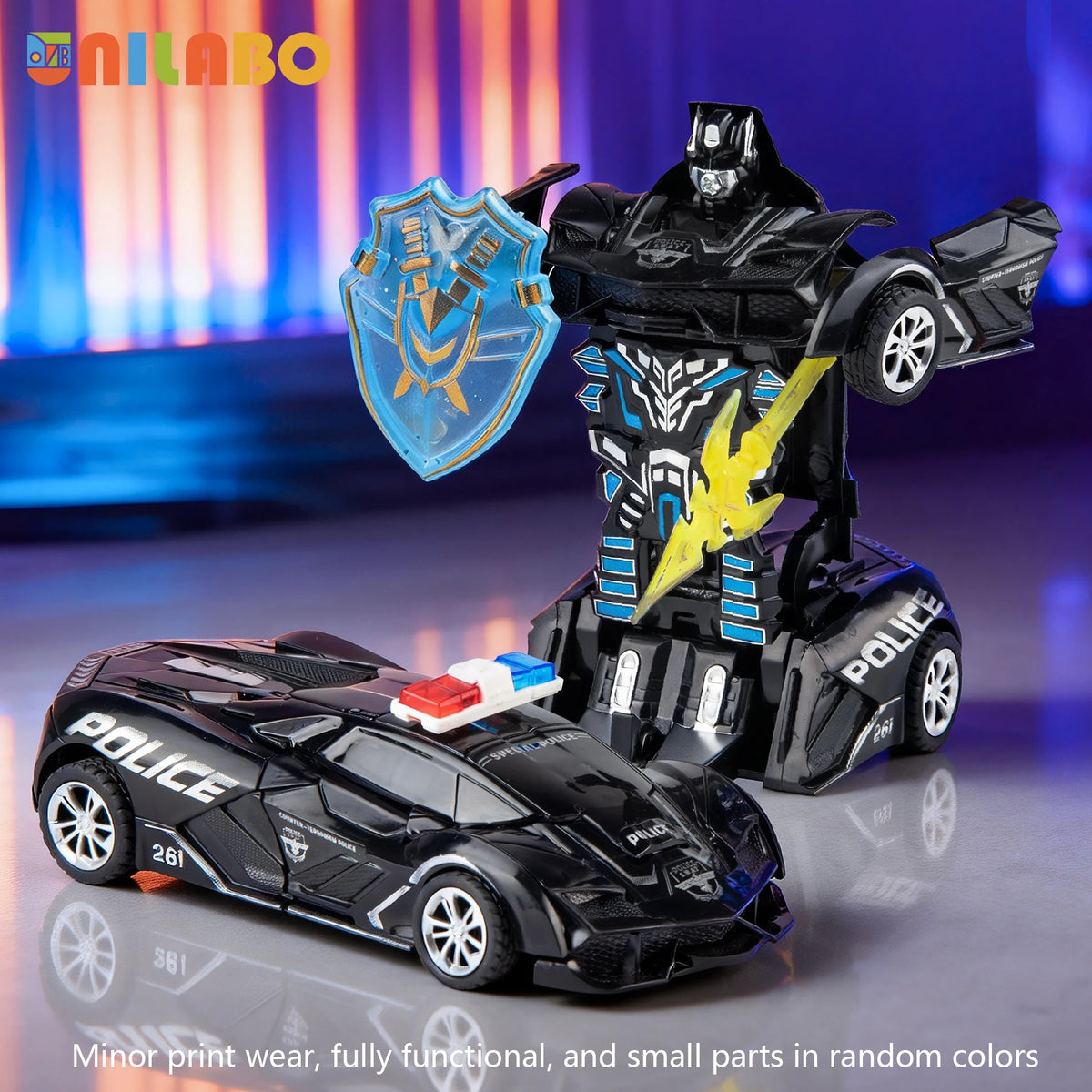 A black transformable robot sports car toy with a police theme and an accompanying shield accessory.
