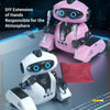 Pink and white interactive robot toys with hands and a flag demonstrating gesture sensing and performance.