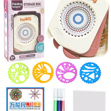 A set of geometric spirograph drawing templates and a plastic storage box for art designs.