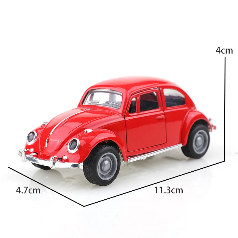 A red 1:38 die-cast model of a classic Beetle car shown from the side.