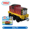 A yellow and red Thomas & Friends diecast train character named Salty is shown on a white background.