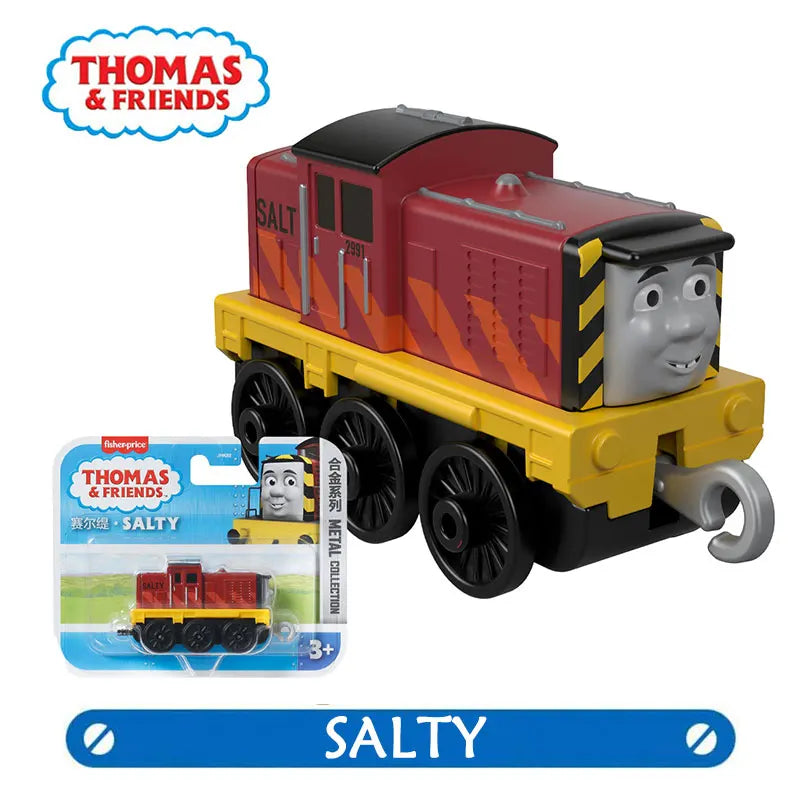 A yellow and red Thomas & Friends diecast train character named Salty is shown on a white background.