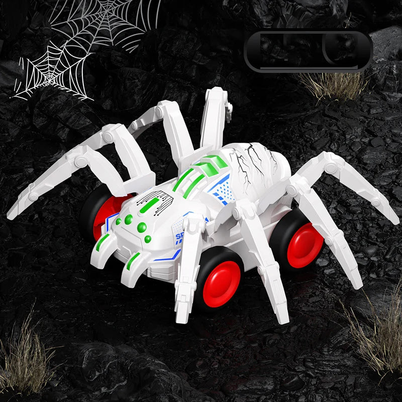 A white inertia-powered spider crawling toy car with red wheels is shown on a dark, rocky surface.