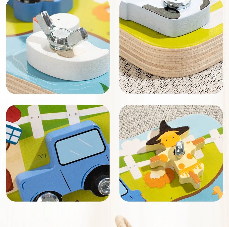 Farm Animal Wooden Screw Puzzle Toy Set with Child-Safe Tools