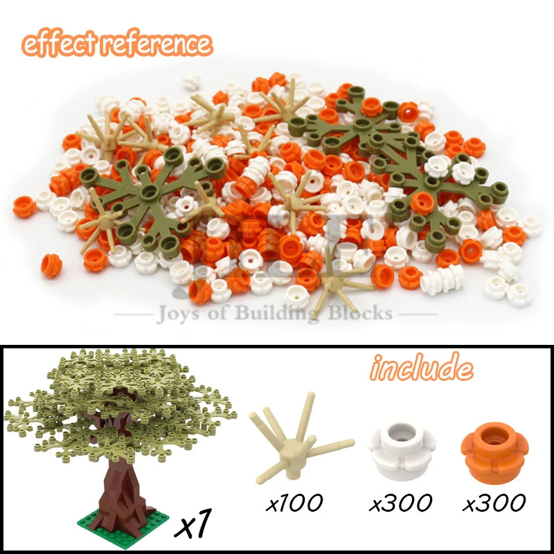 A set of building blocks featuring cherry blossom themed pieces, including a tree and various colored flowers.