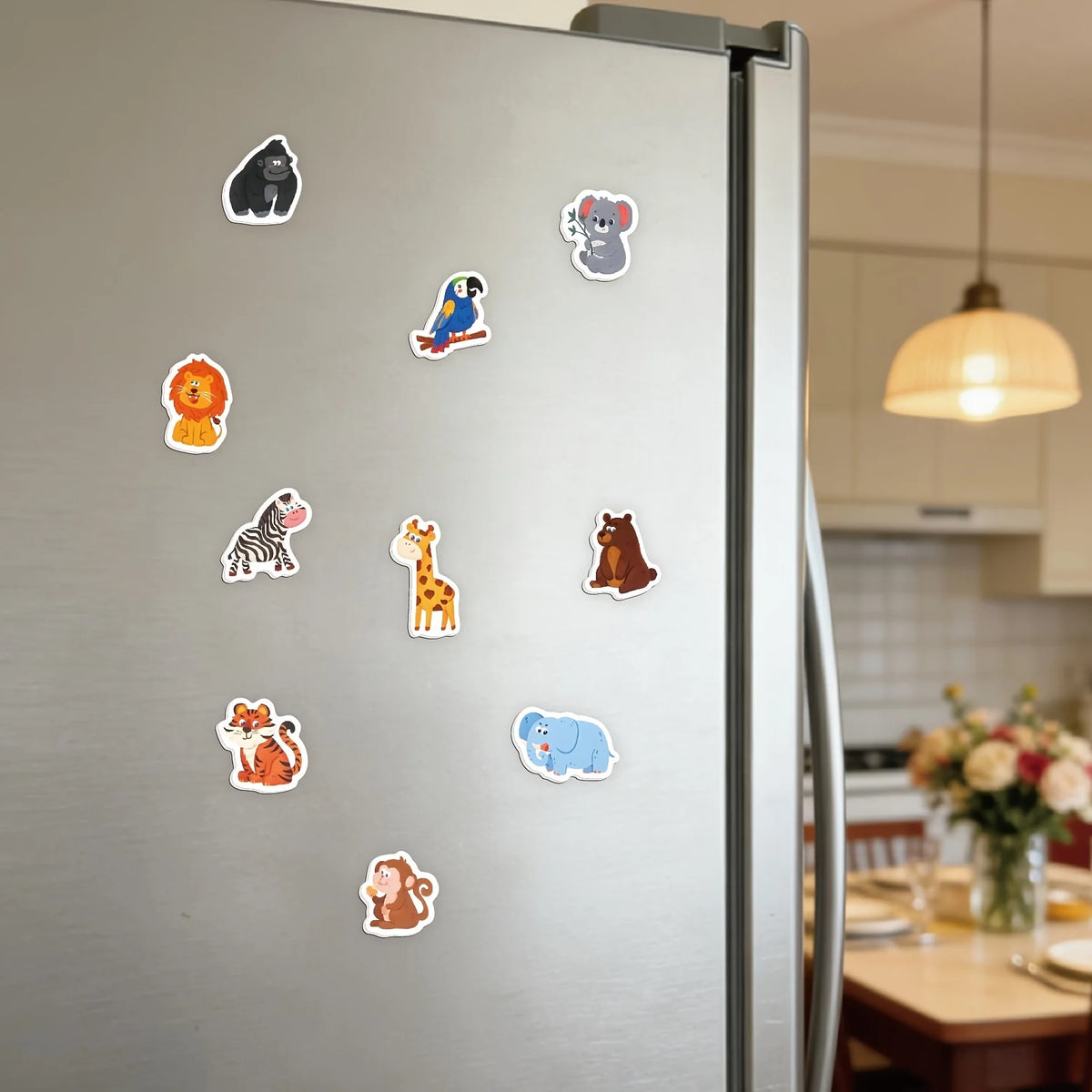 A collection of ten colorful animal fridge magnets featuring various wildlife and pets.