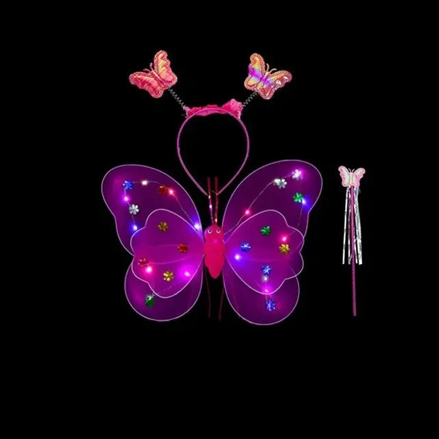 A set of glowing LED butterfly costume for girls featuring wings, a skirt, and a wand.