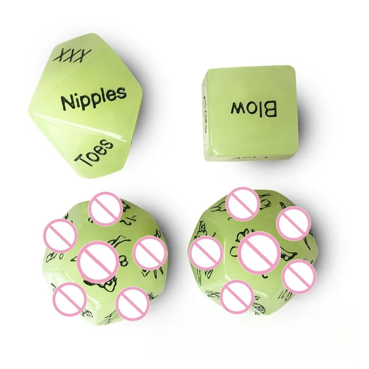 A set of green dice showing various body parts like Nipples, Toes, and Blow.