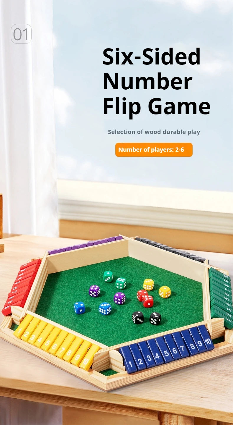 A six-sided number flip game made of wood with dice, set for 2 to 6 players.