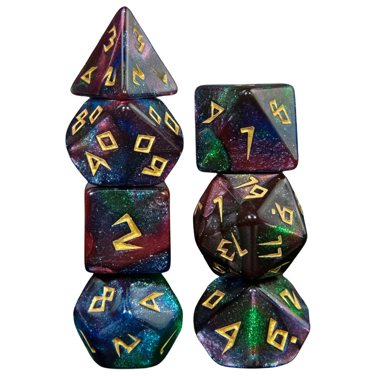 A set of seven premium glitter polyhedral dice in various colors and shapes for tabletop role-playing games