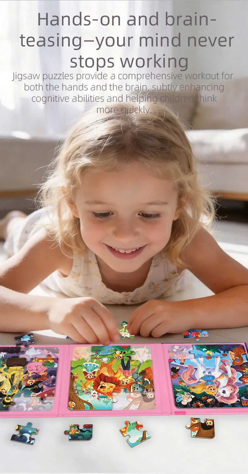 A young girl is playing with a pink portable folding magnetic puzzle set on a white surface.