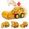 Camion modèle en métal jaune de construction avec un grand seau jaune et un mécanisme à presse orange.