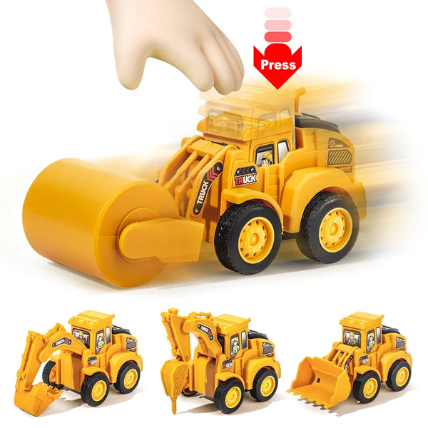 A yellow diecast construction vehicle model truck with a large yellow bucket and an orange press mechanism.