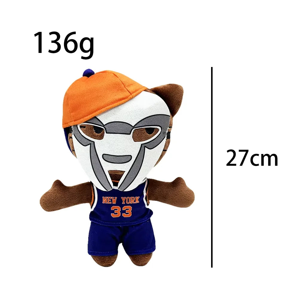 An orange baseball cap and face mask plush doll representing the New York Knicks, measuring 136g and 27cm.