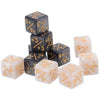 A set of ten dual-color counting dice showing positive and negative numbers