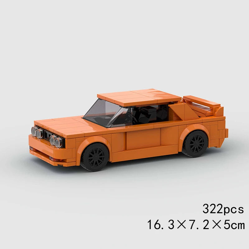 An orange classic rally car model built from building blocks.