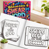 An open coloring book shows a colorful title and a page with instructions to swipe left on this suit