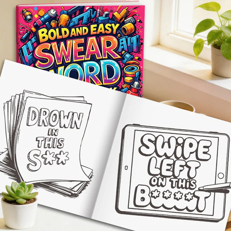 An open coloring book shows a colorful title and a page with instructions to swipe left on this suit