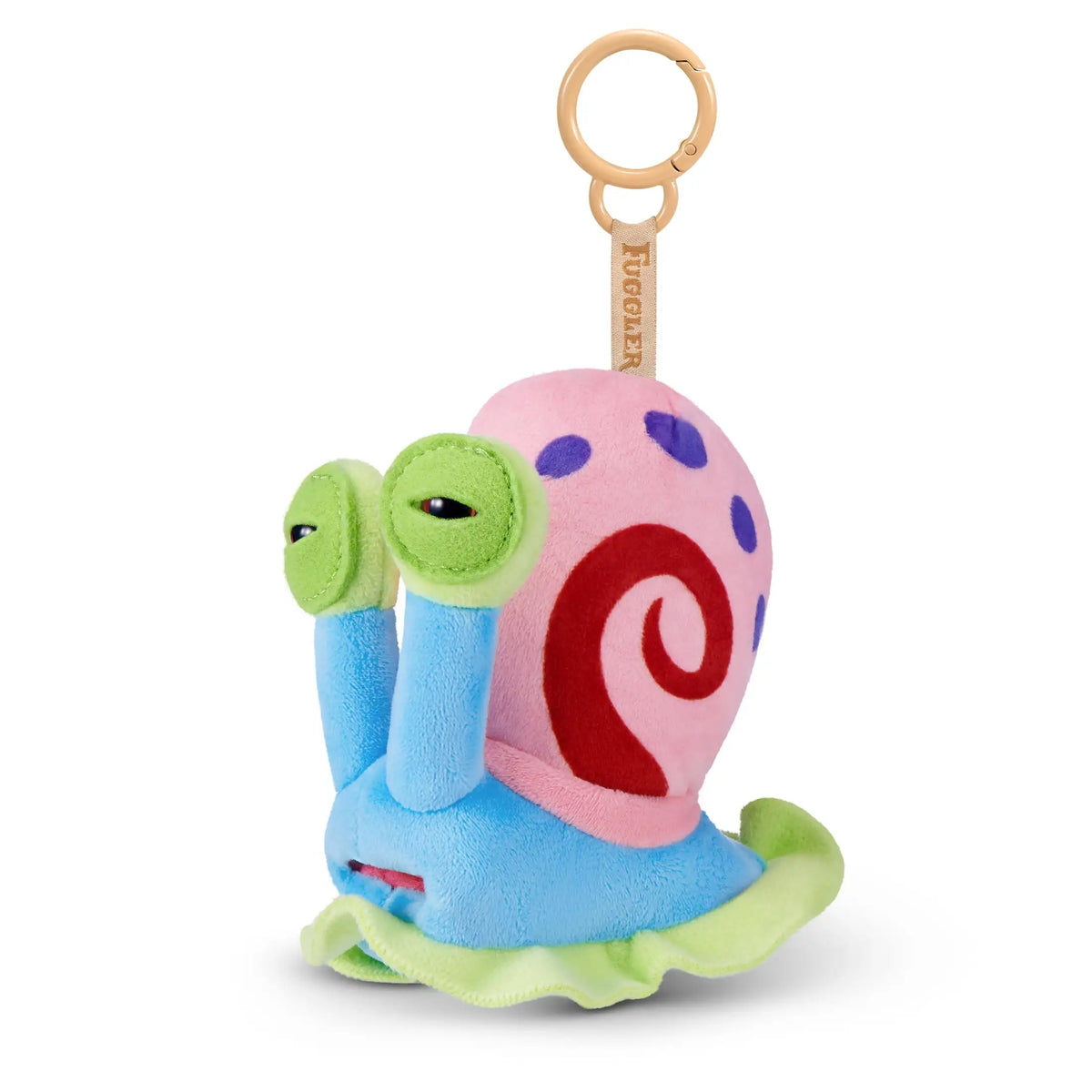 A pink and blue plush monster keychain shaped like a rabbit with a swirling design.